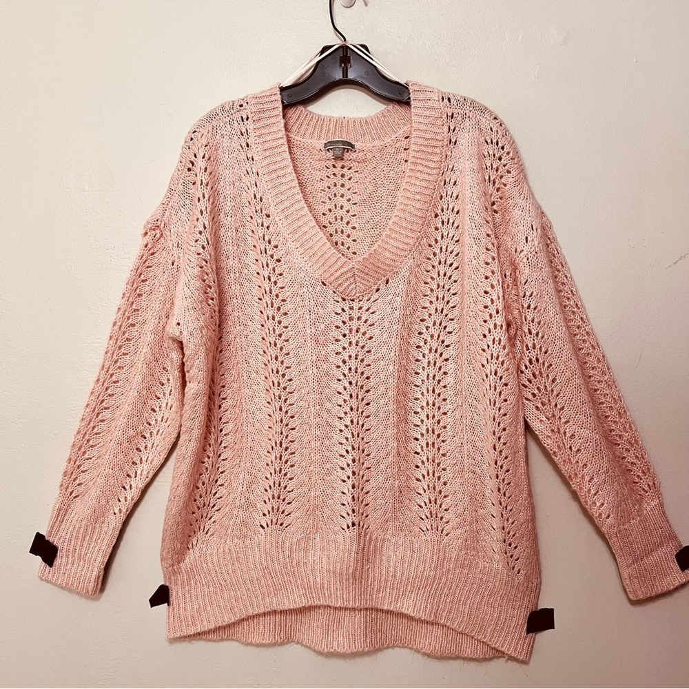 TBH To Be Honest Women Soft Pink V Neck Open Knit Sweater Coquette Romantic ‎ XL